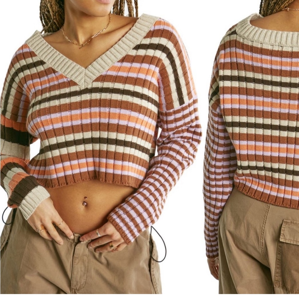 BDG Urban Outfitters Mixed Stripe V-Neck Cropped Sweater XS